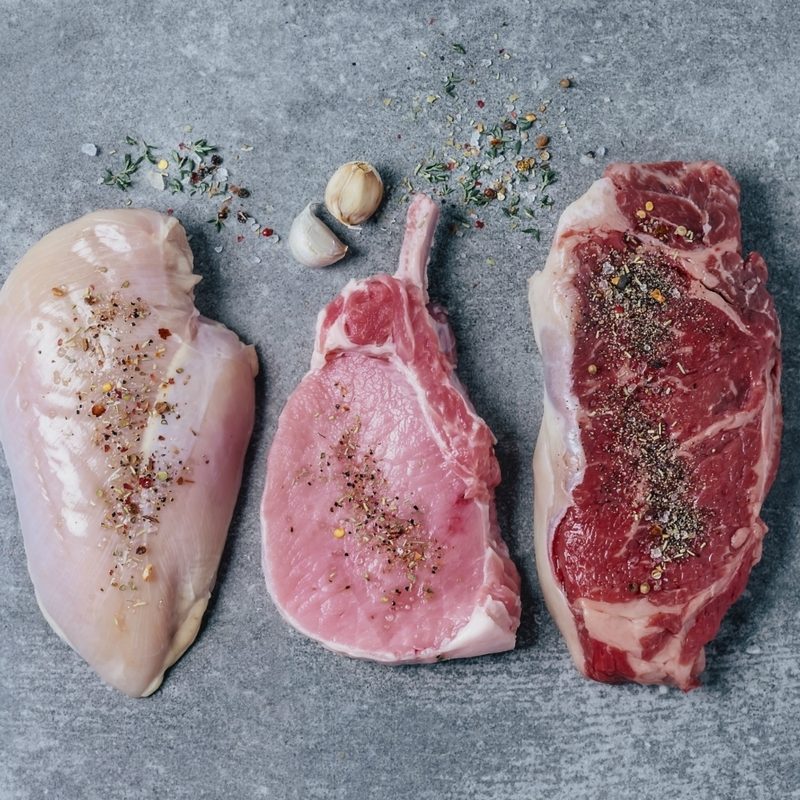 Steak, chicken and pork.