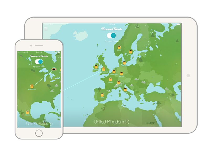 The functions of the TunnelBear VPN being shown on an illustrated mobile phone and tablet.