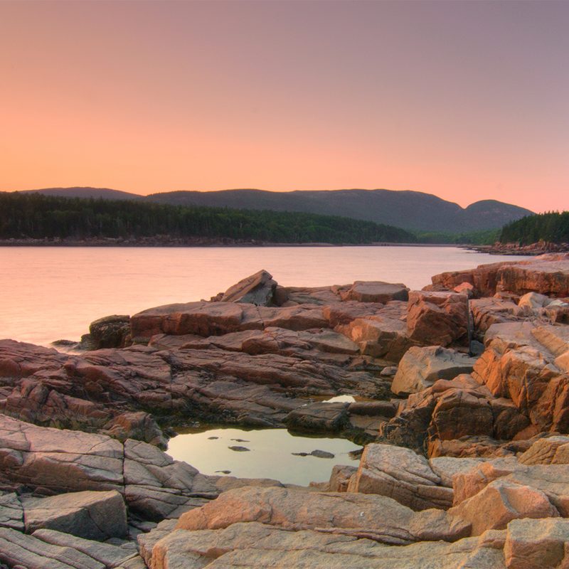 Pastel sky over the waters at Acadia National Park in Maine.