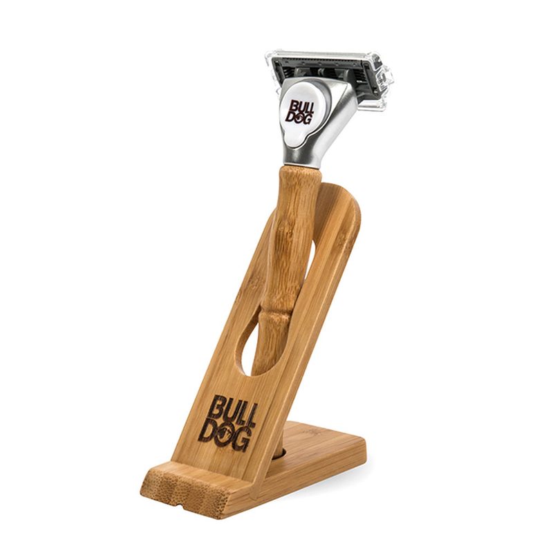 Bulldog Skincare Original Bamboo Razor and Stand on a white backdrop.