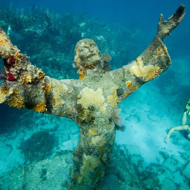 Christ of the Abyss statue at the bottom of the ocean in John Pennekamp State Park in the Florida Keys.