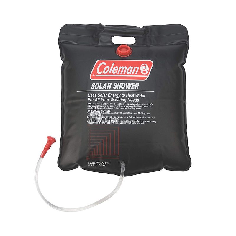 Coleman 5-Gallon Solar Shower (for camping), isolated on a white studio background.