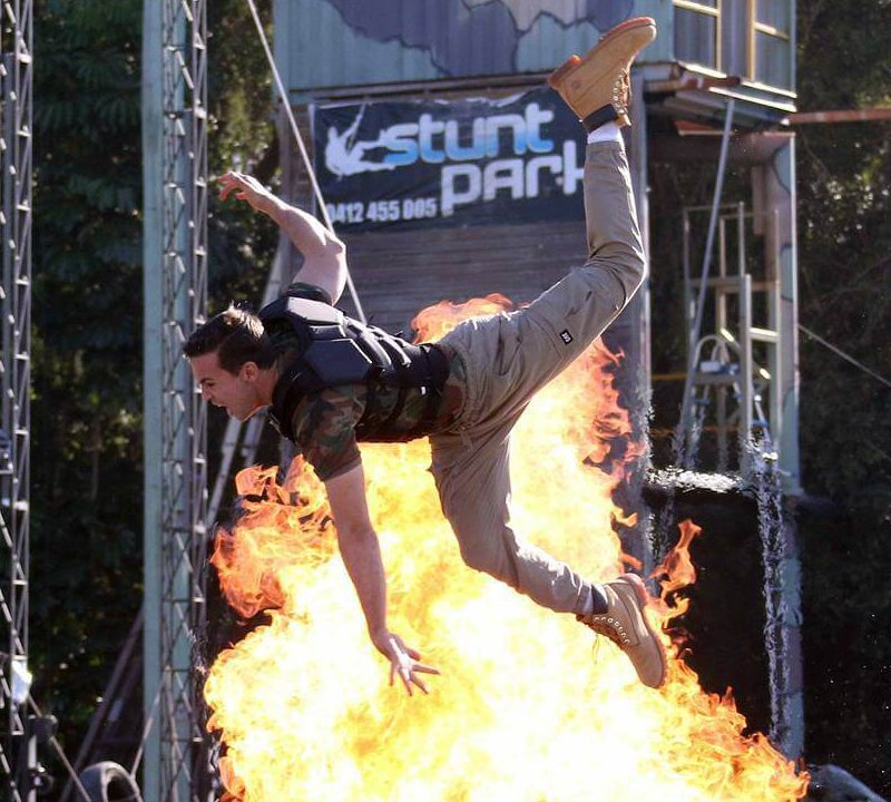 Man getting blasted with fire at a Professional Stunt Course in Australia.