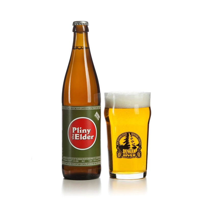 A bottle of Pliny the Elder and a glass containing the said beer.