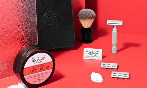Shaving kit displayed separately on a red background.
