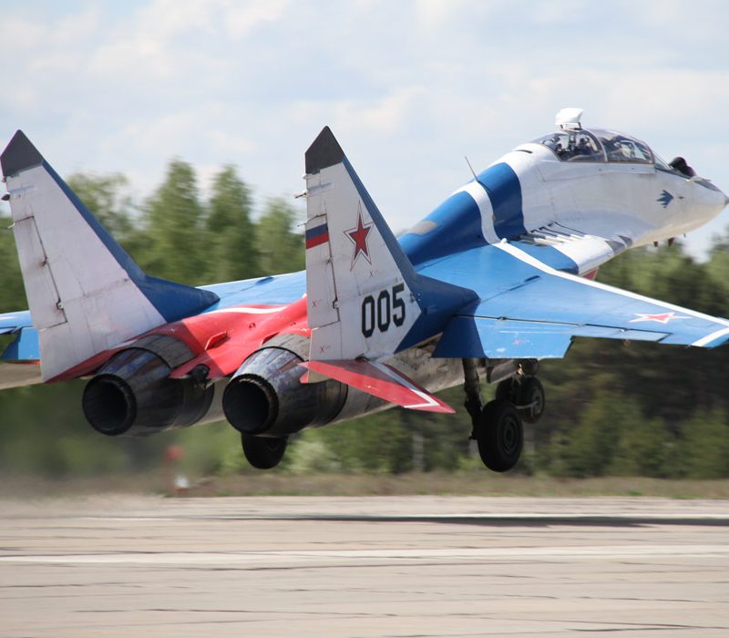 Russian MiG-29 fighter jet taking off.