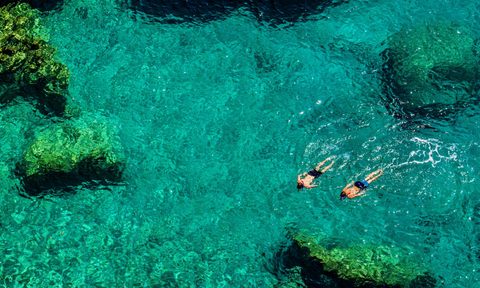 Aerial view of two men snorkeling in clear, shallow tropical water.