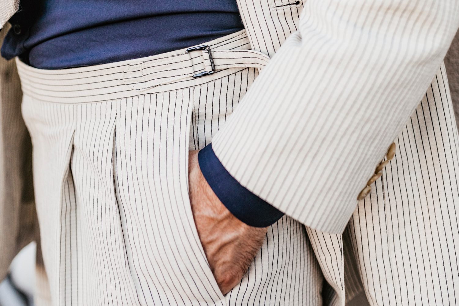 Seersucker suit with a pleated pant.