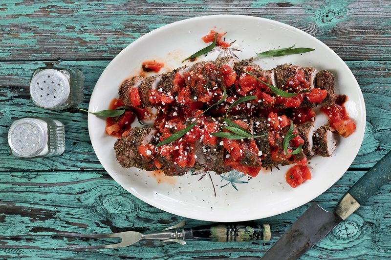 Southern Smoke Grilled Pork Tenderloin with Tomato and Greens Ragu Recipe