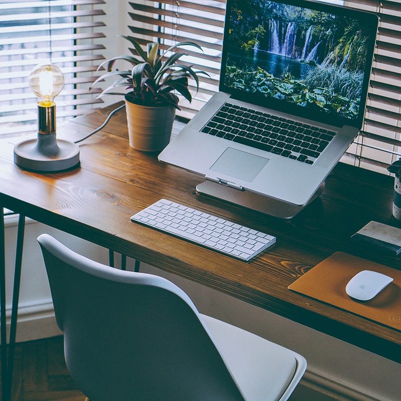 A home desk setup with a laptop, keyboard, mouse, plants, and lamp on top.