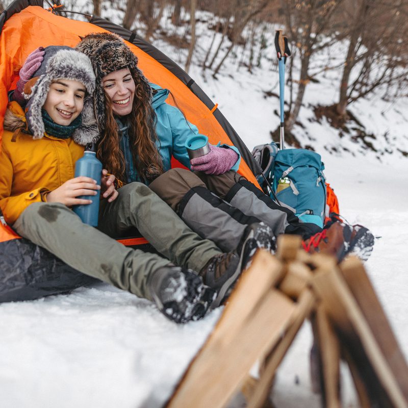 Family camping in the winter time