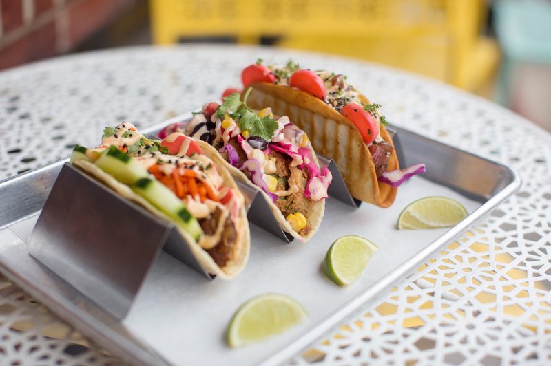 banh mi taco, fried avocado taco and tuna poke taco