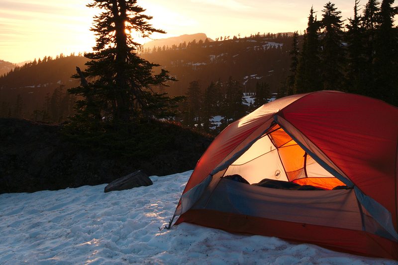 winter snow camping tent sunset