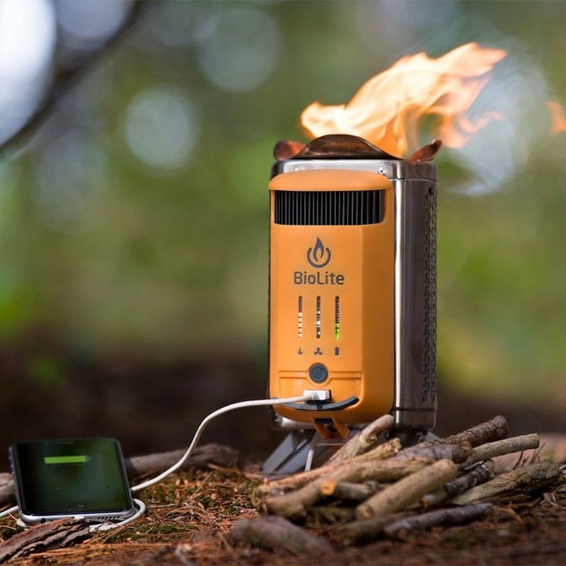 BioLite lightweight camping stove turned on.