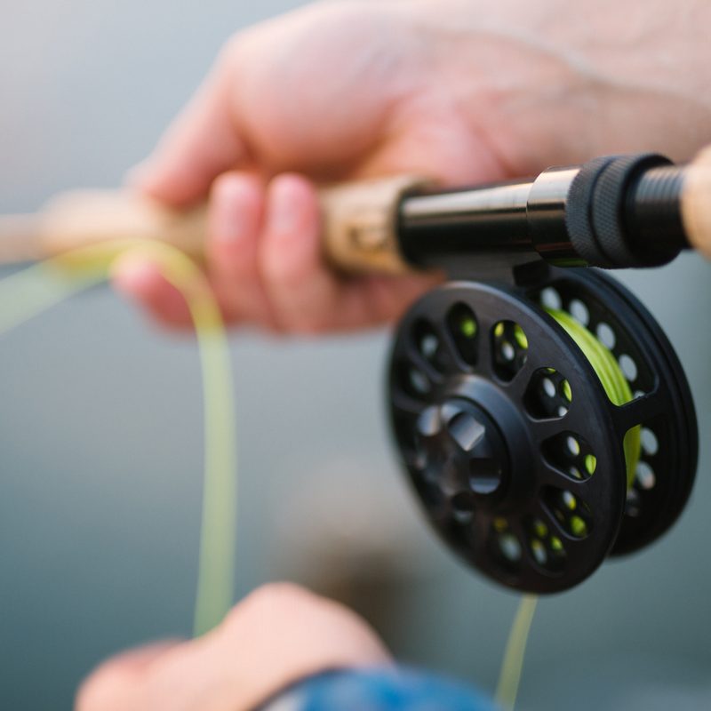 Closeup of two hands working a fly fishing rod and reel.
