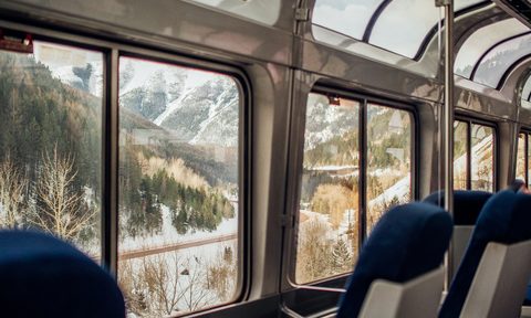A train travel window in Glacier National Park.