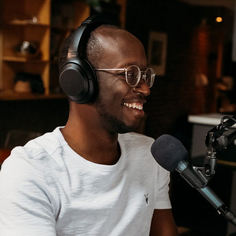 man recording podcast
