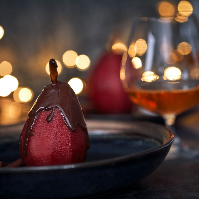 Poached Pears in Red Wine with Dark Chocolate