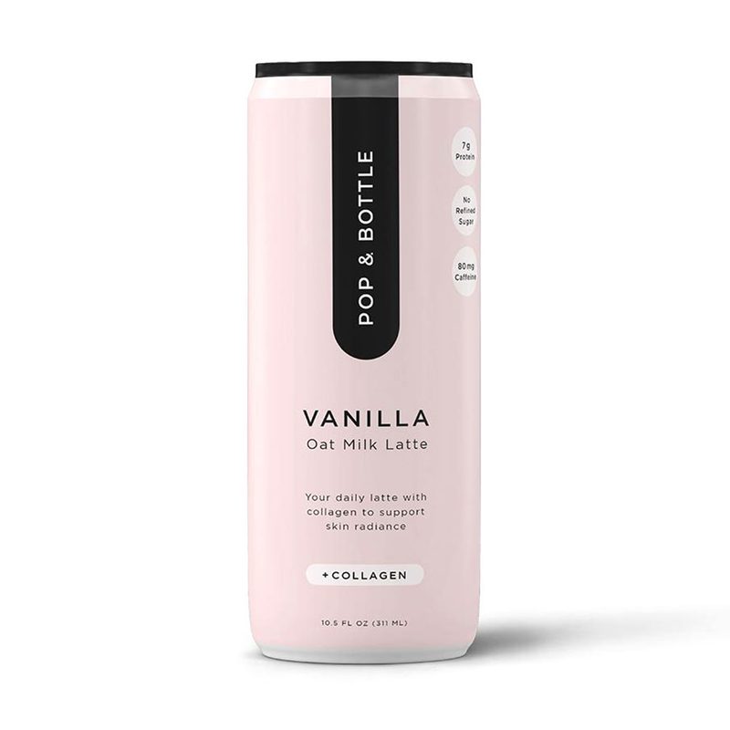 Pop + Bottle Vanilla Oat Milk Latte + Collagen on a white background.