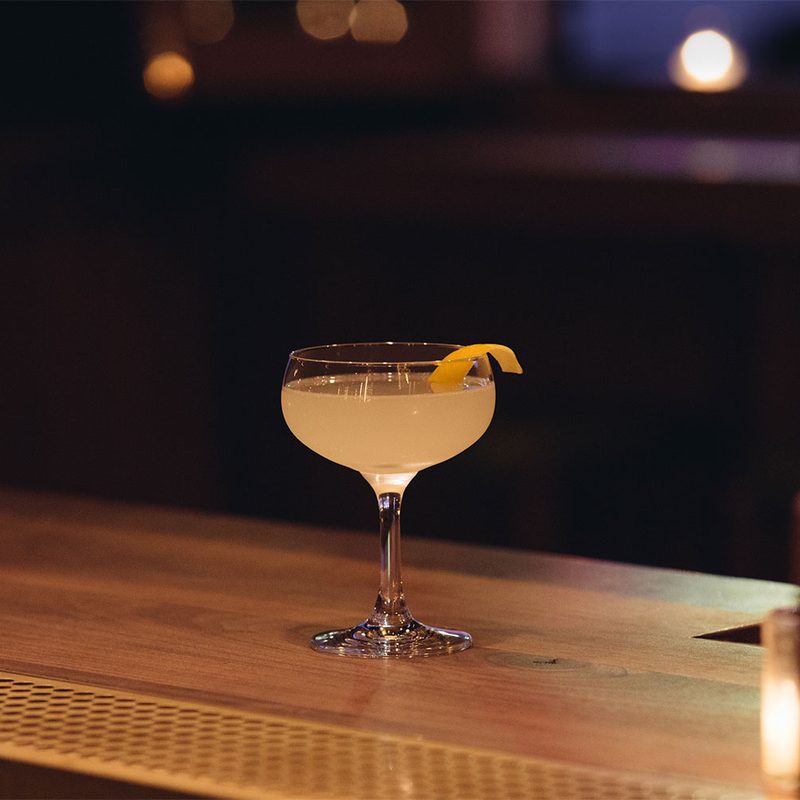 The French 75 placed on a bar counter