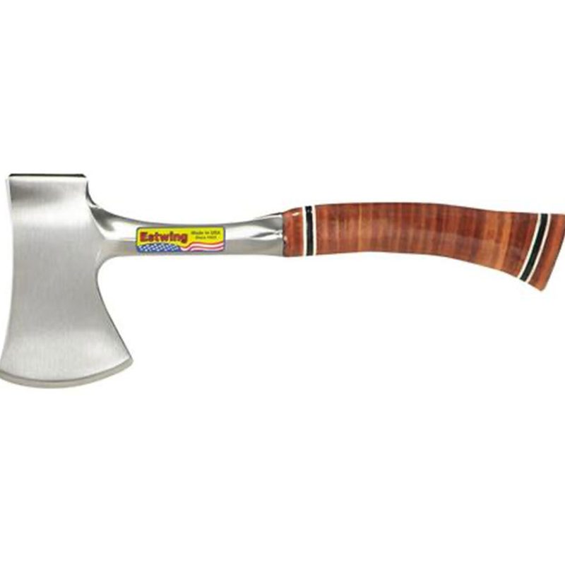 A steel Estwing Sportsman’s Axe with a wood effect handle, on a white background.