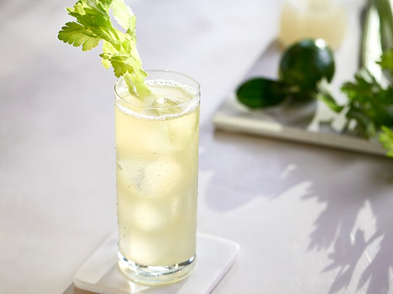 Leafy Greens cocktail in a glass garnished with cilantro.