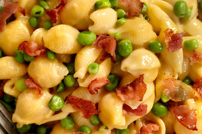 mac and cheese shells bacon peas