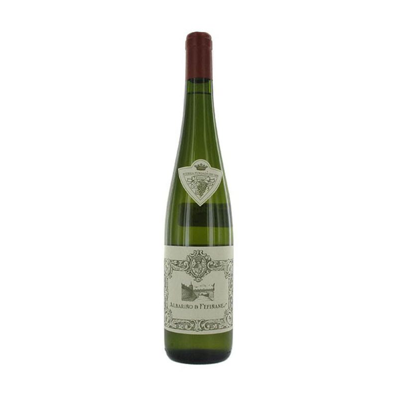A bottle of Palacio de Fefinanes 2018 Albariño in a white backdrop.