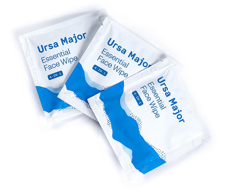 Three Ursa Major packaged face wipes displayed on a white background.