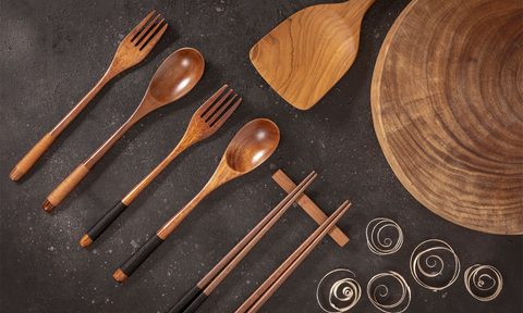 Wood utensils displayed on a counter