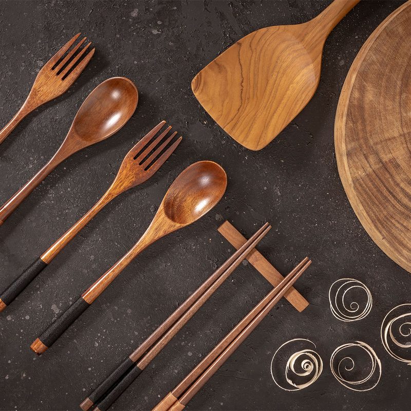 Wood utensils displayed on a counter