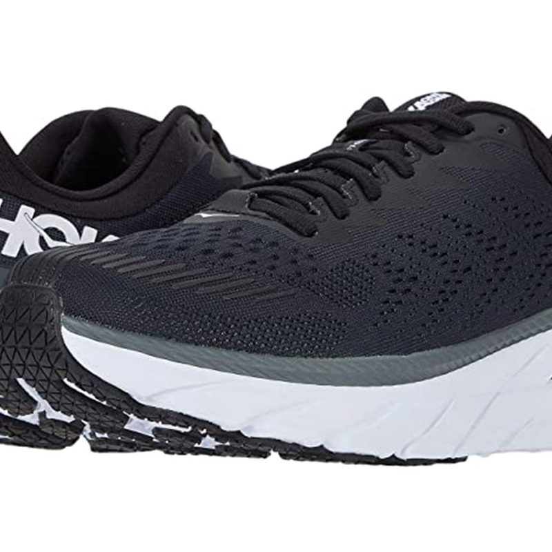 A pair of Hoka Clifton 7 in a white background.