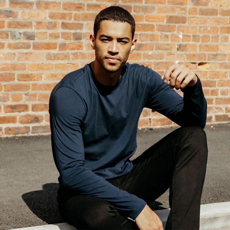 Man wearing Mott and Bow clothing.
