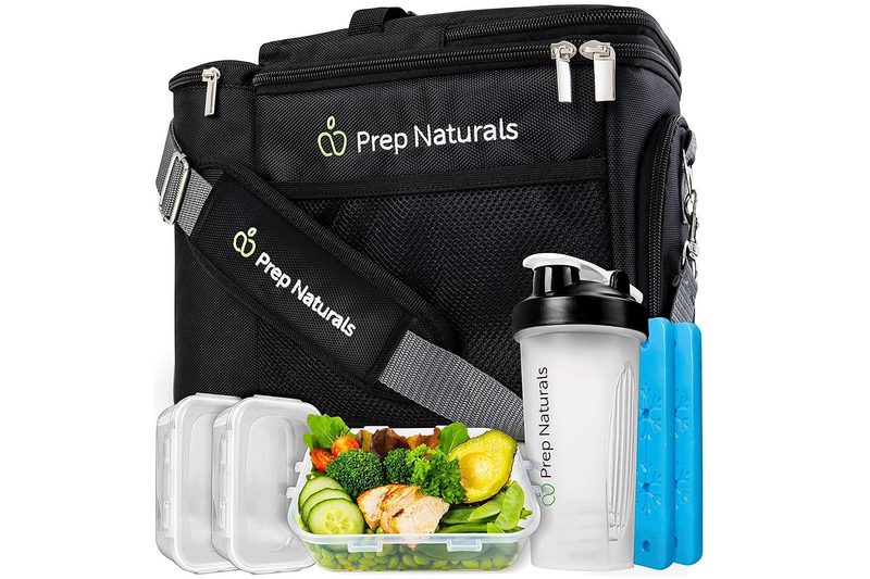 Two empty plastic food containers, a container with food, a tumbler, and two ice packs placed in front of a Prep Naturals Meal Prep Bag.