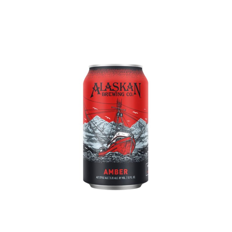 A can of Alaskan Amber Ale on white background.