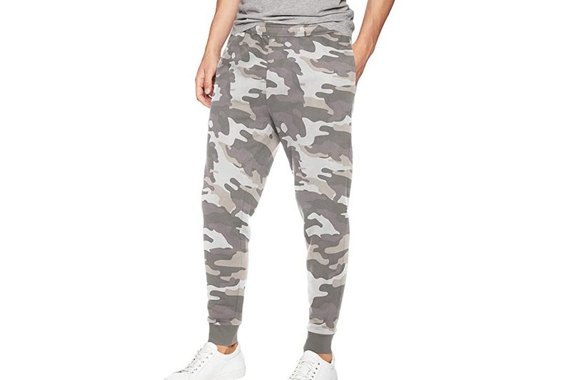 Camouflage Amazon Essentials Fleece Jogger Pants on a white backdrop.