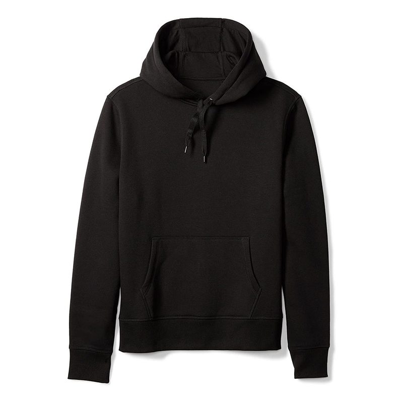 A black Amazon Essentials Men's Standard Hooded Fleece Sweatshirt.