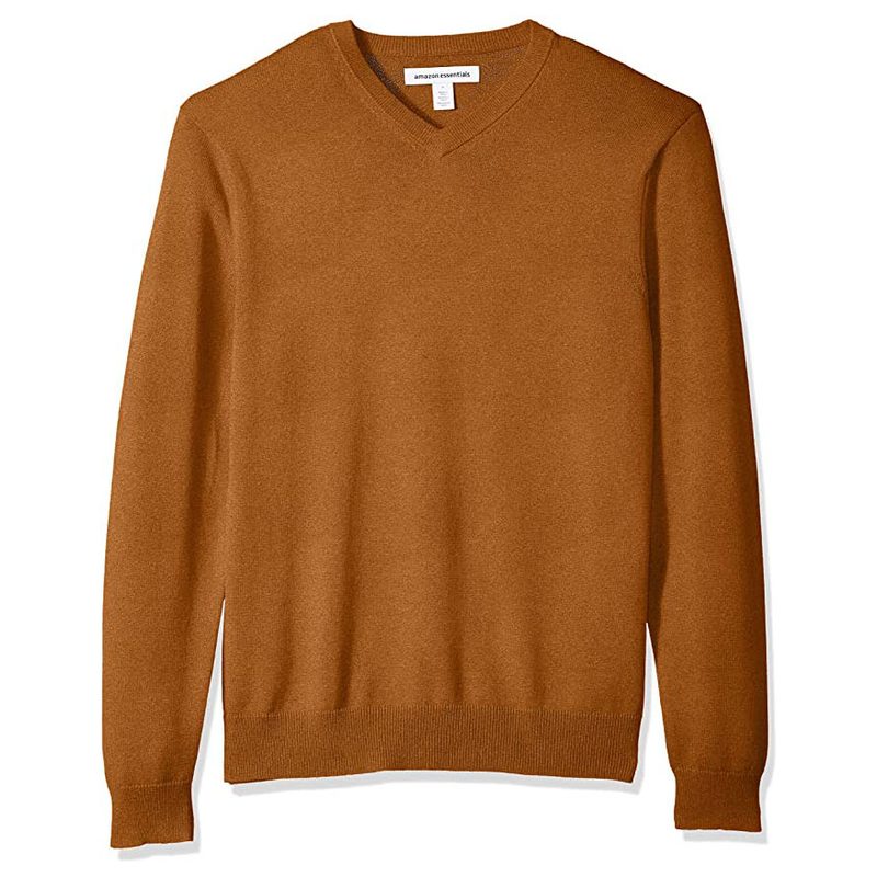 Brown Amazon Essentials V-Neck Sweater on a white backdrop.