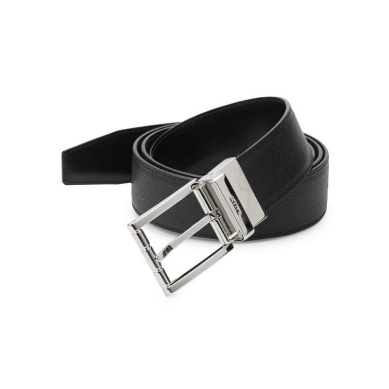 Bally Astor Reversible Leather Belt in black on a white backdrop.