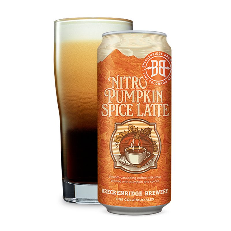 A can and glass of Breckenridge Brewery Nitro Pumpkin Spice Latte Stout.