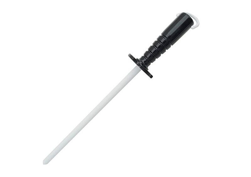 Honing steel with black handle against a white background.