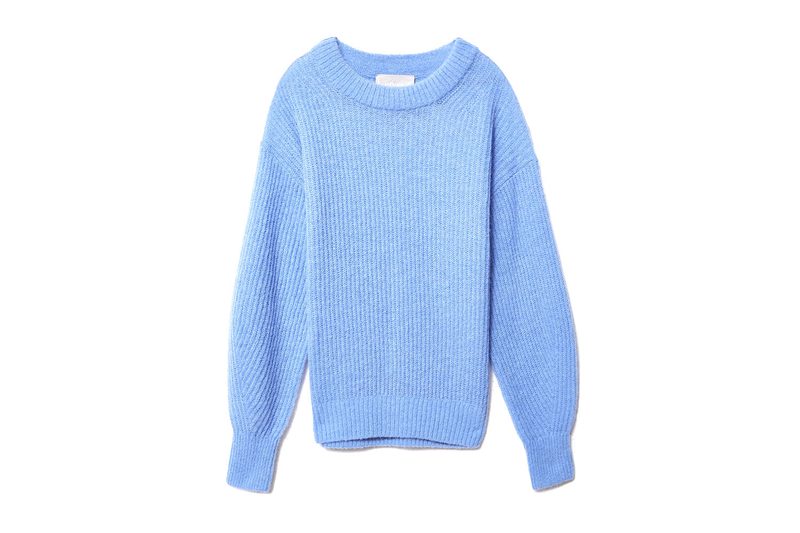 A blue Everlane Oversized Alpaca Crew on white background.
