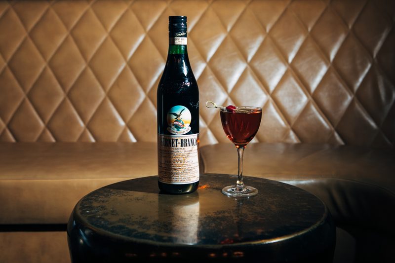 Fernet-Branca Manhattan Cocktail on Table