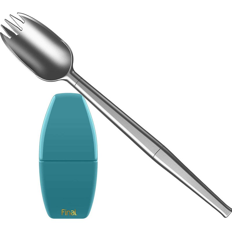 A FinalSpork Collapsible Metal Spork with its carrying case.