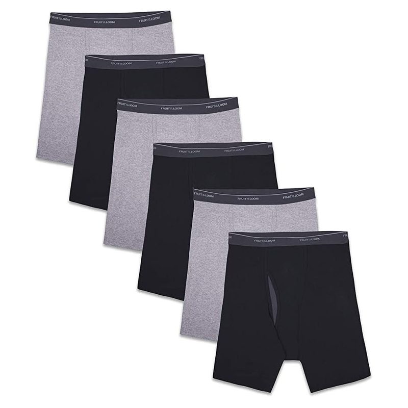 Fruit of the Loom Coolzone Boxer Briefs descending diagonally on a white backdrop.