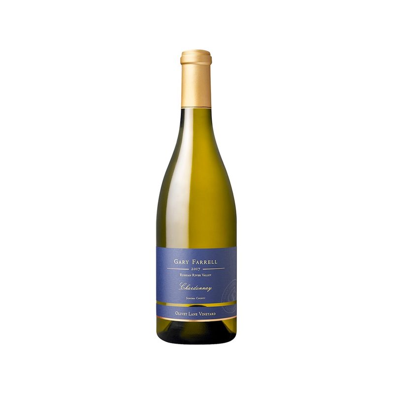 A bottle of Gary Farrell Olivet Lane Vineyard Chardonnay in a white backdrop.