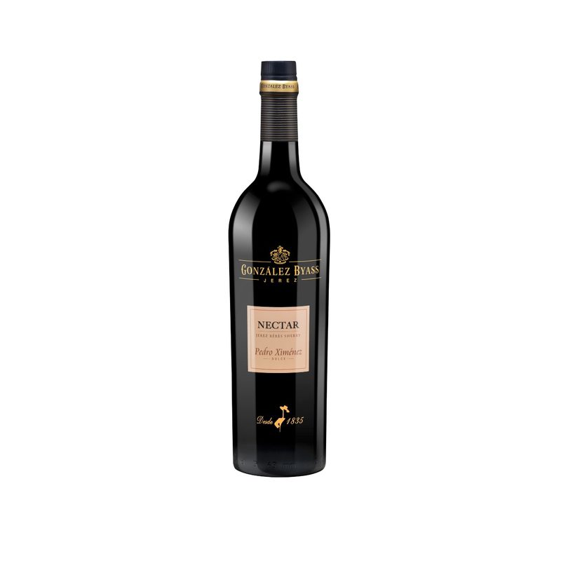 A bottle shot of Gonzalez Byass Pedro Ximenez Sherry on a white background.