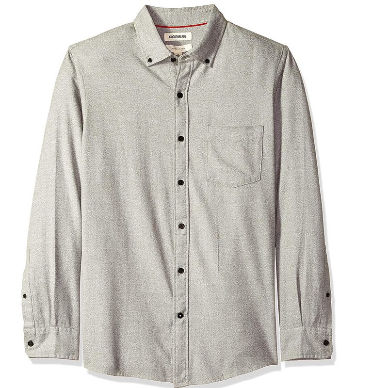 Goodthreads Slim-Fit Long-Sleeve Brushed Heather Shirt on a white backdrop.