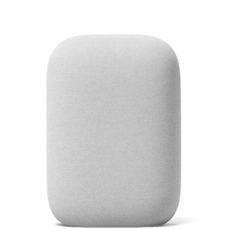 Grey Google Nest Audio Speaker on a white background.
