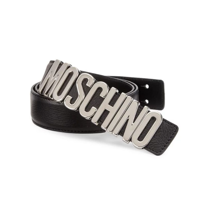 Moschino Logo Leather Belt on a white backdrop.